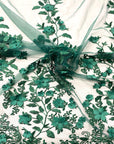 Hunter Green 3D Embroidered Satin Floral Pearl Lace Fabric - Fashion Fabrics LLC