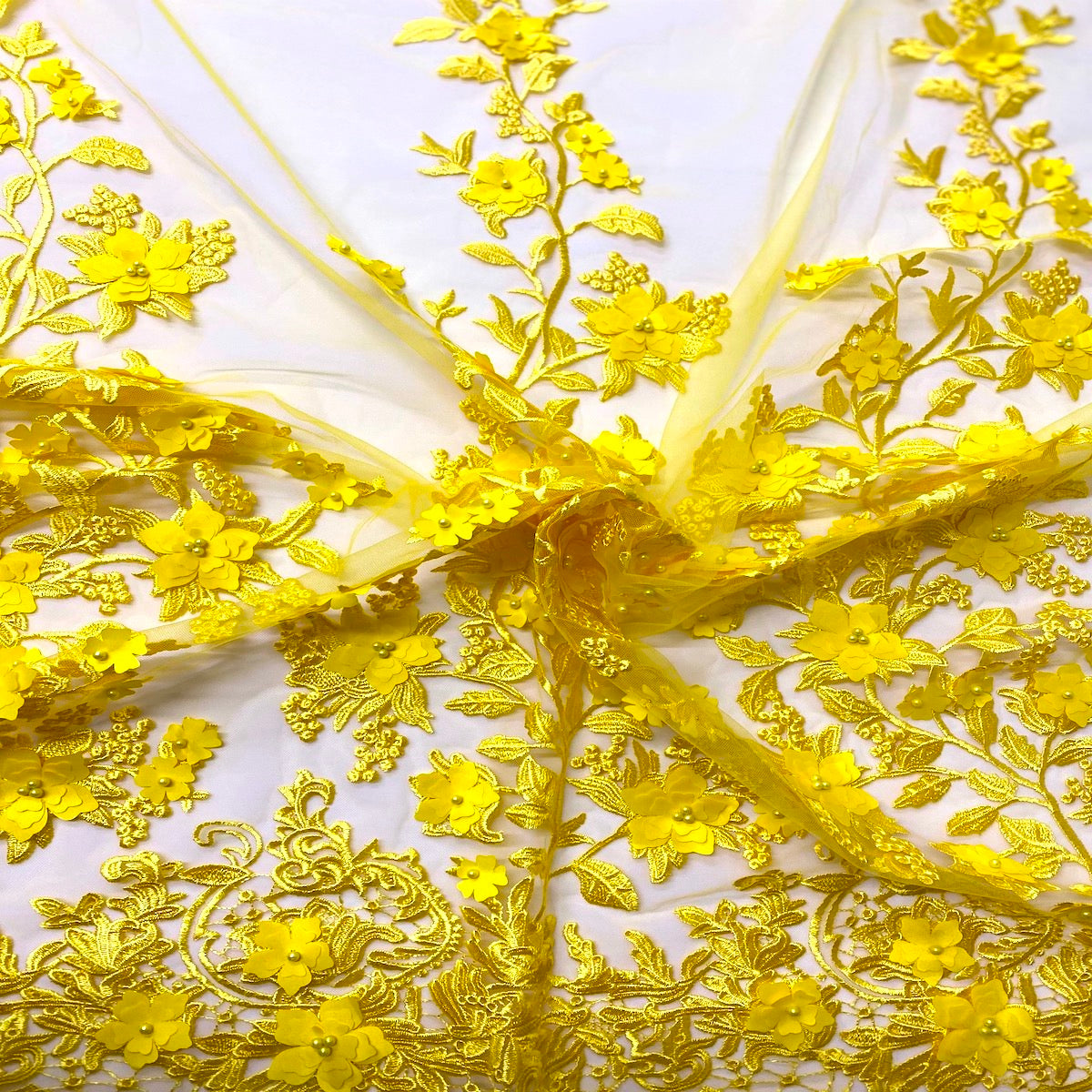 Yellow 3D Embroidered Satin Floral Pearl Lace Fabric - Fashion Fabrics LLC