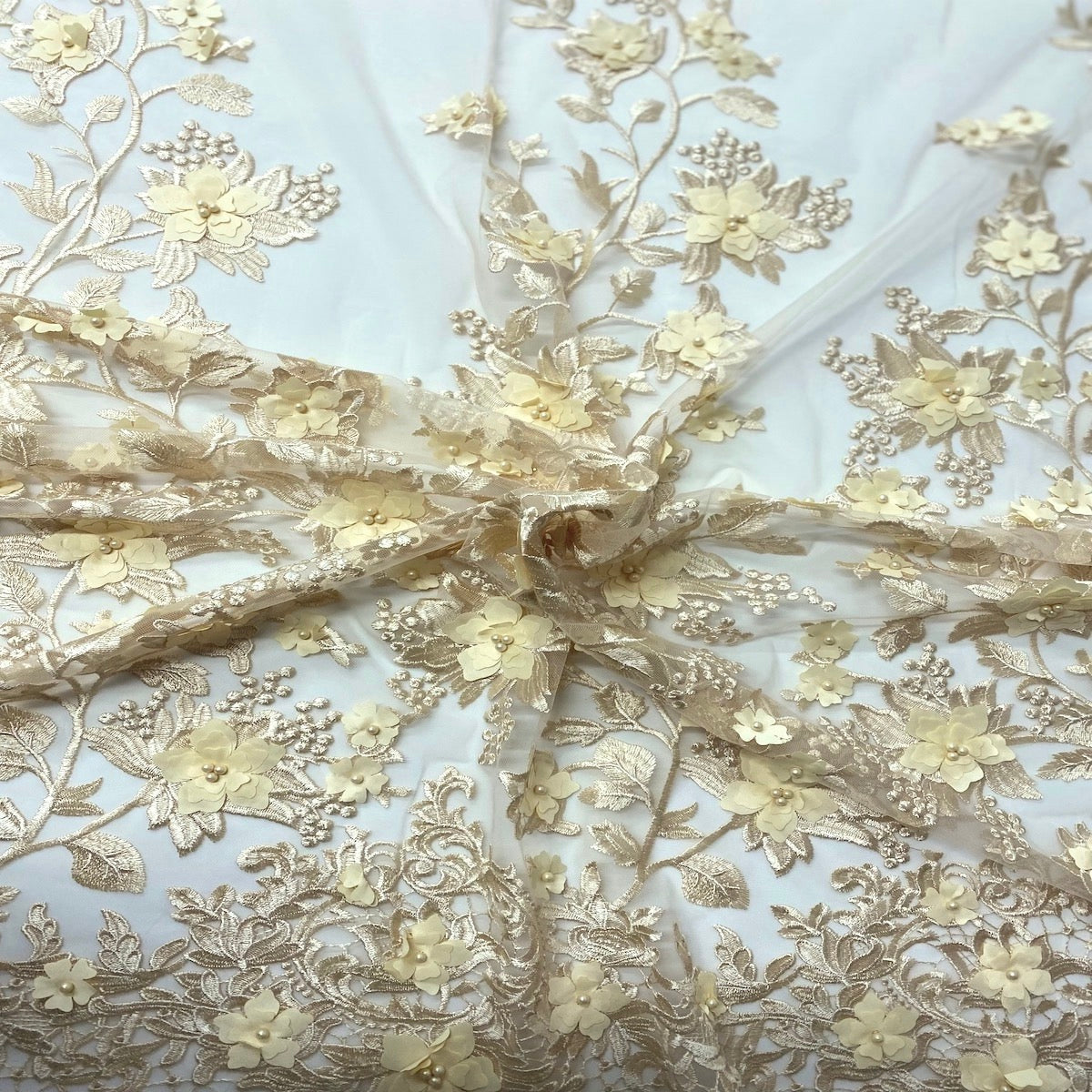Beige 3D Embroidered Satin Floral Pearl Lace Fabric - Fashion Fabrics LLC