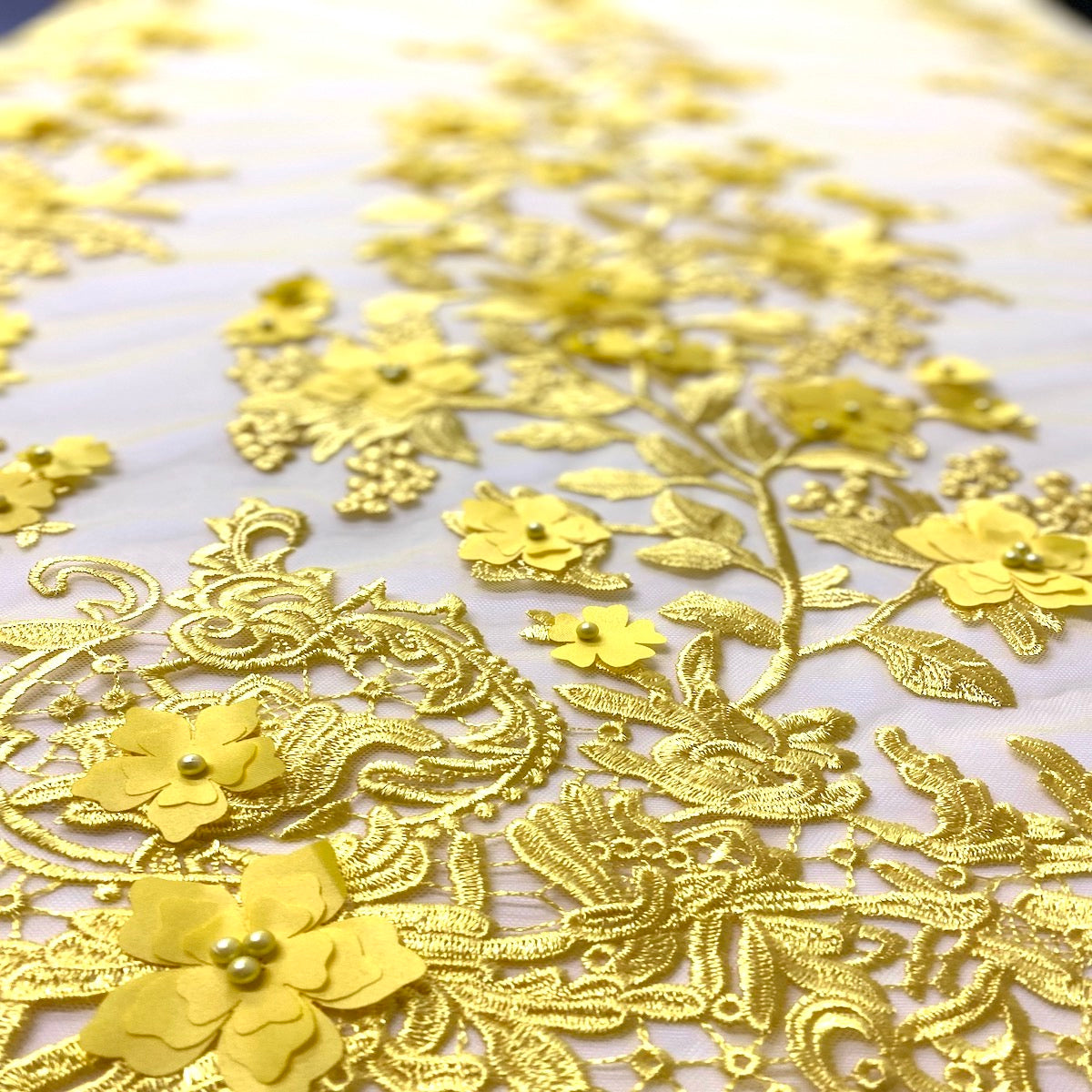 Yellow 3D Embroidered Satin Floral Pearl Lace Fabric - Fashion Fabrics LLC