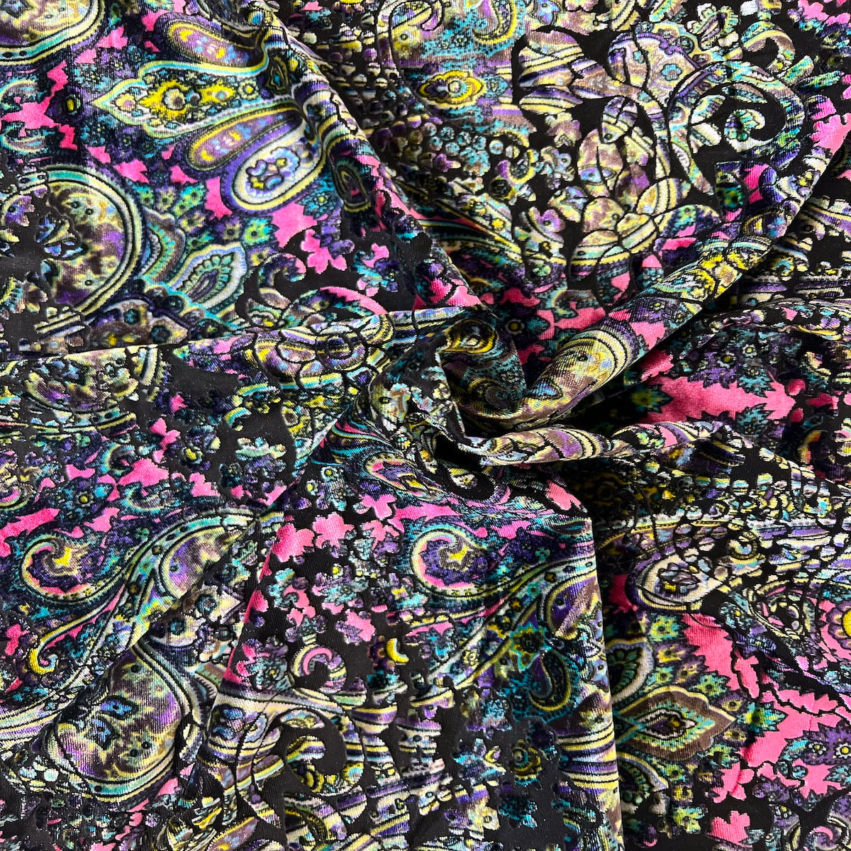 Pink Sur Multicolor Burnout Stretch Velvet Fabric - Fashion Fabrics LLC