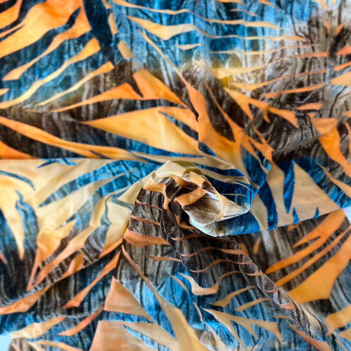 Blue Tie Dye | Beige Palm Tree Burnout Stretch Velvet Fabric - Fashion Fabrics LLC