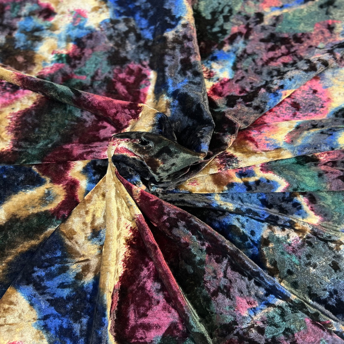 Burgundy Multicolor Acid Tie Dye Stretch Velvet Fabric - Fashion Fabrics LLC