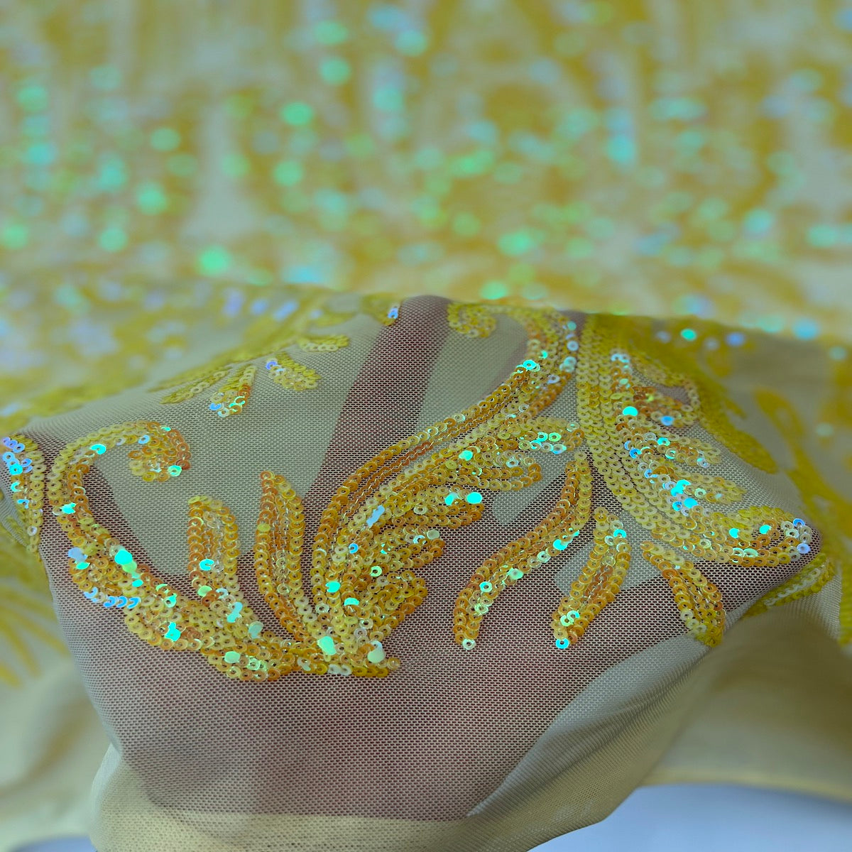 Yellow Iridescent Nebill Stretch Sequins Lace Fabric - Fashion Fabrics LLC
