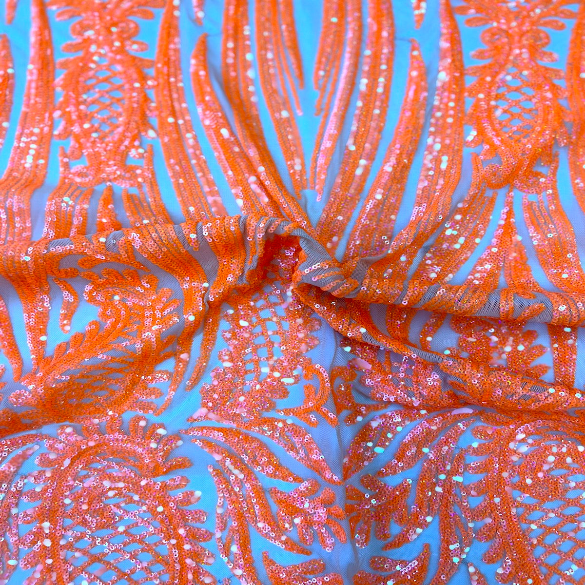 Neon Orange Nebill Stretch Sequins Lace Fabric - Fashion Fabrics LLC