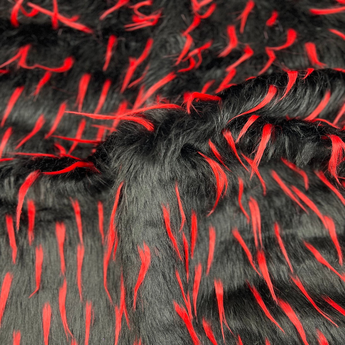 Black | Red Two Tone Spike Shaggy Faux Fur Fabric - Fashion Fabrics LLC