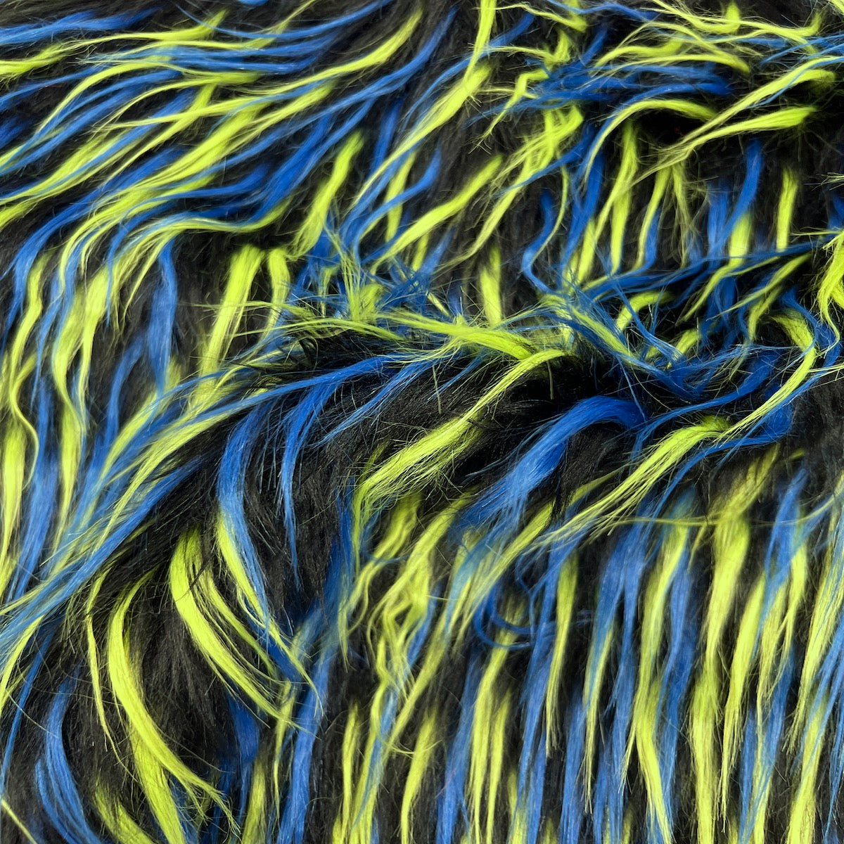 Tela de piel sintética lanuda de tres púas, negra, verde y azul