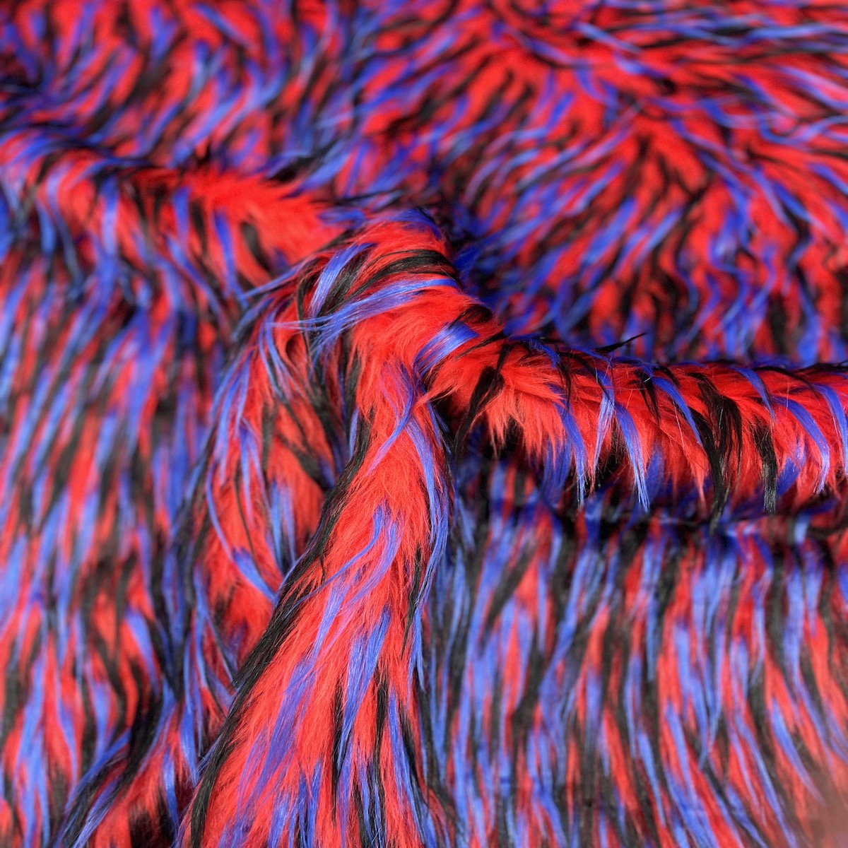 Blue Black Red Three Spike Shaggy Faux Fur Fabric