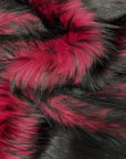 Tela de piel sintética peluda de pelo largo con estampado de husky negro, rosa magenta