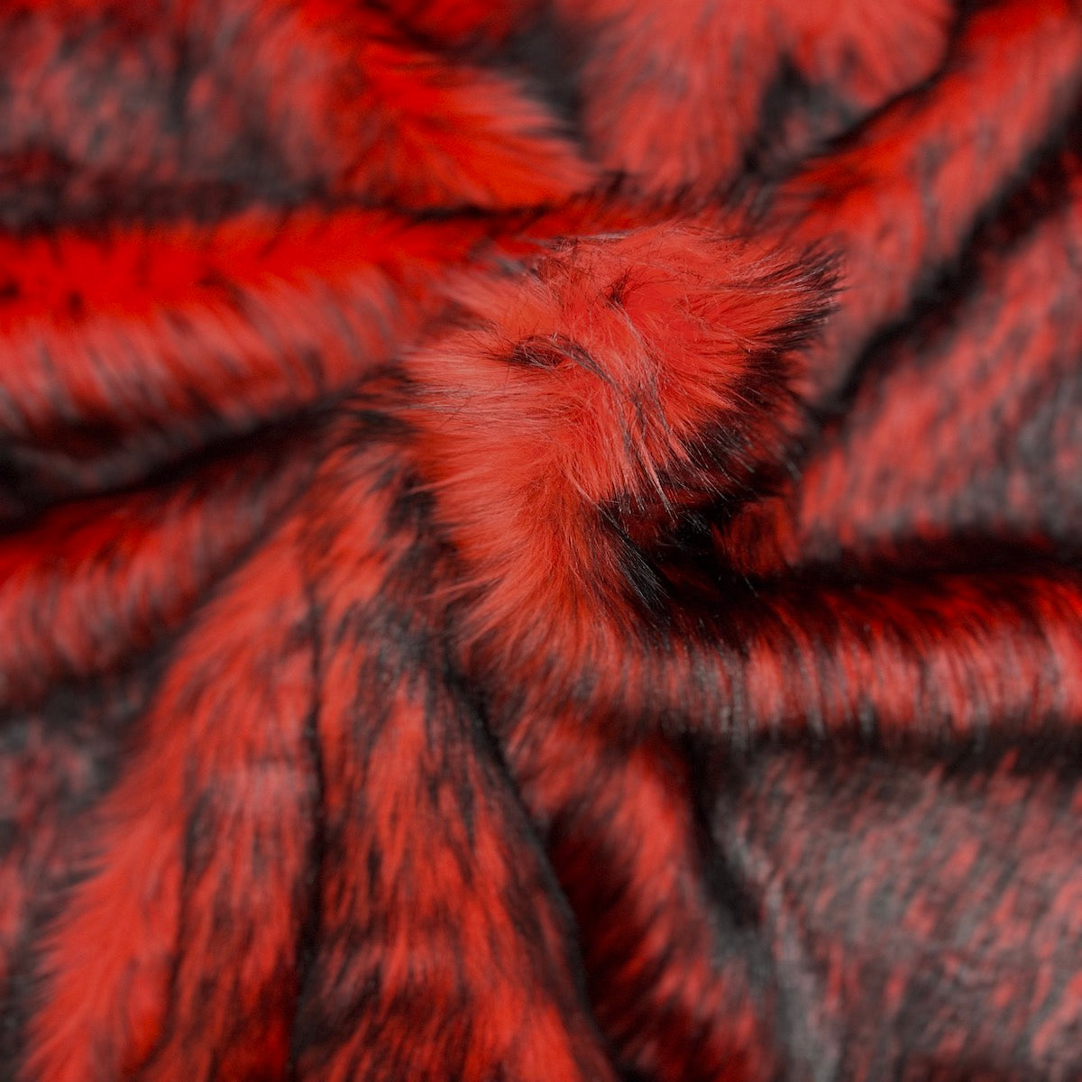 Red Black Husky Print Long Pile Shaggy Faux Fur Fabric