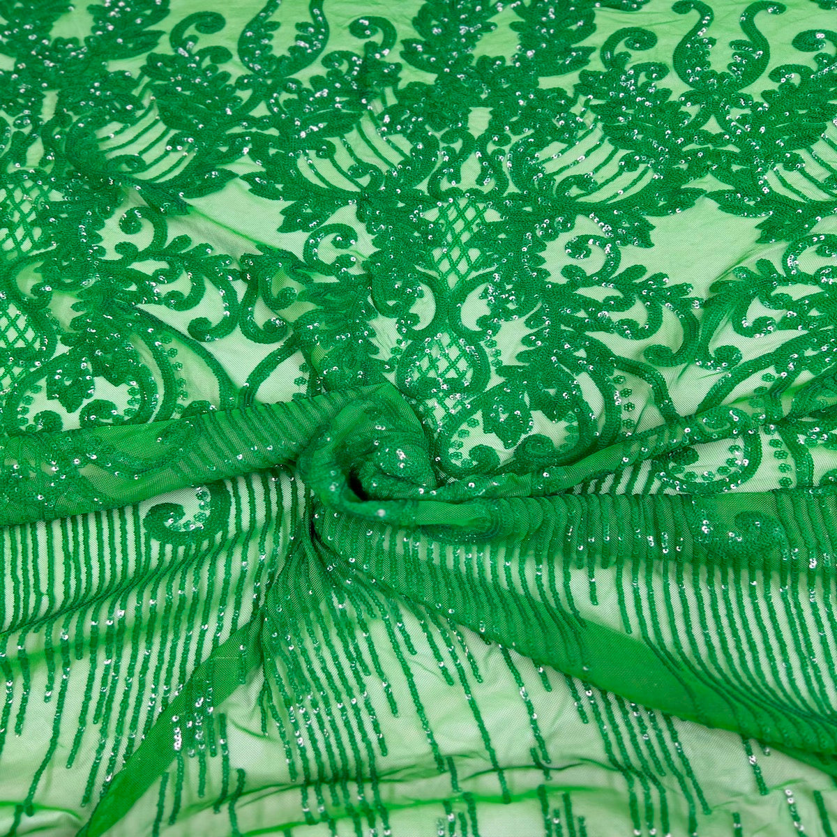 Emerald Green Alta Striped Damask Sequins Lace Fabric