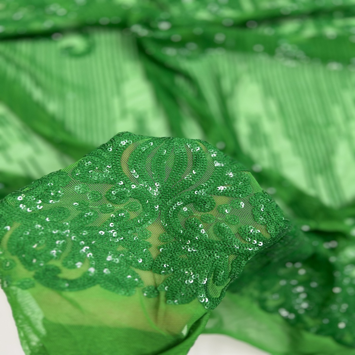 Tela de encaje de lentejuelas damasco rayado alta verde esmeralda