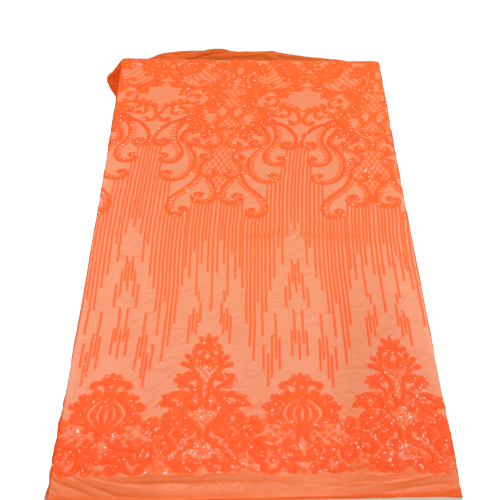 Orange Alta Striped Damask Sequins Lace Fabric
