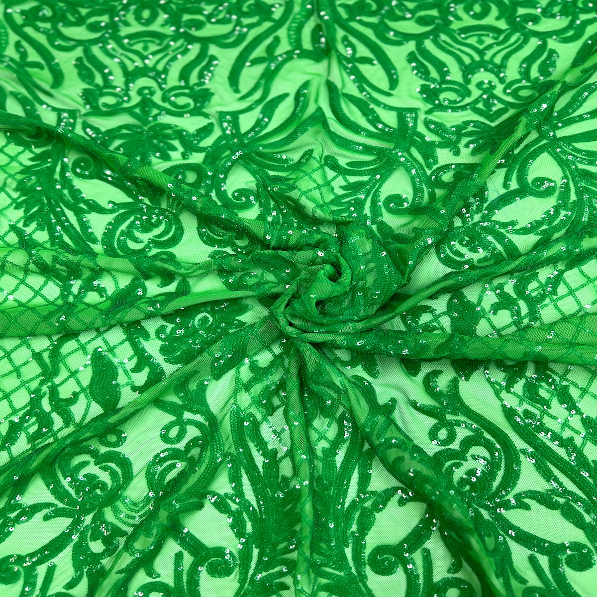 Tela de encaje de lentejuelas elásticas Luna verde esmeralda