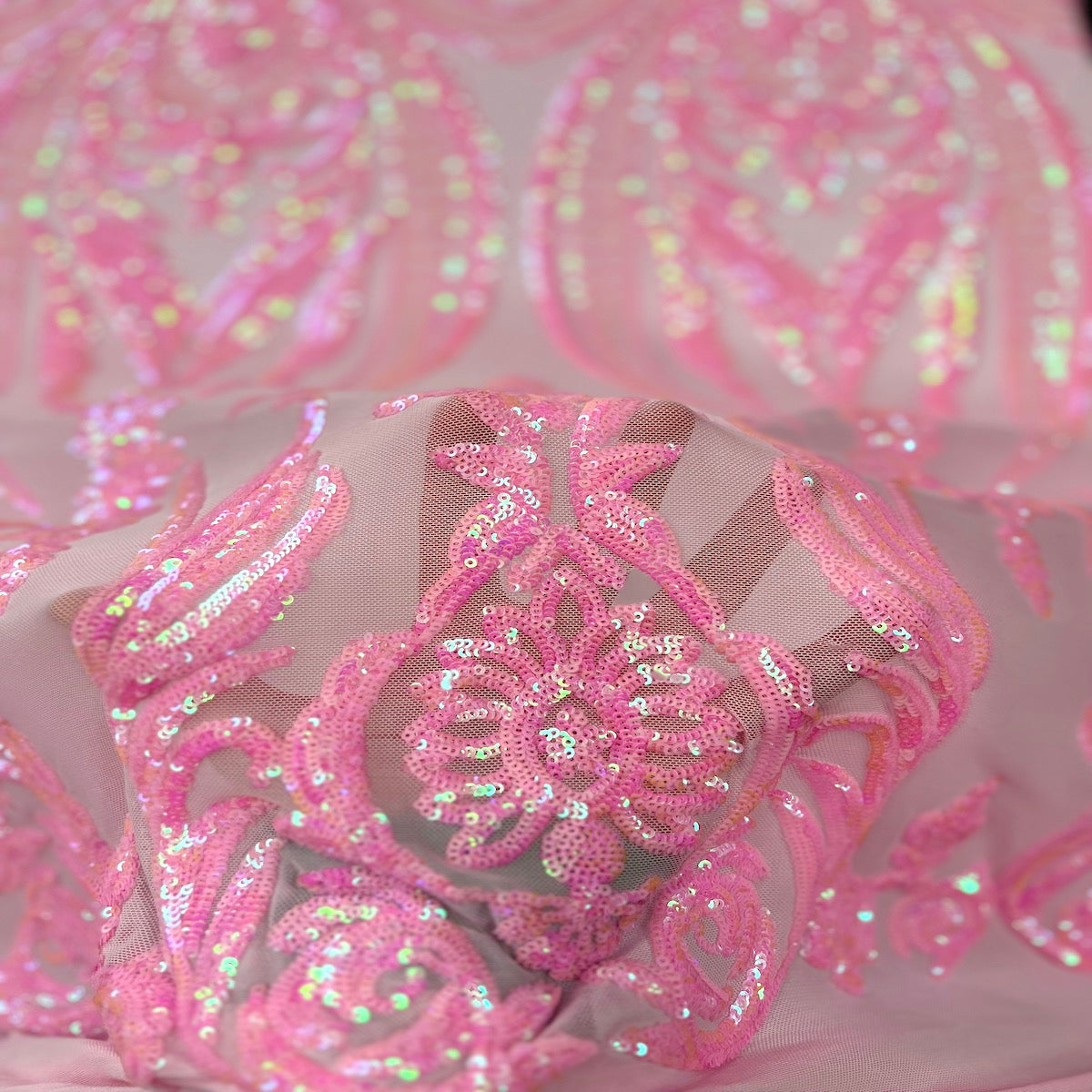 Tela de encaje de lentejuelas Catina iridiscente rosa bebé 