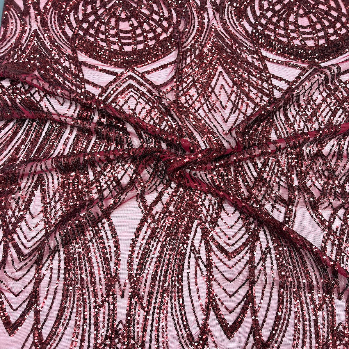 Burgundy Selena Wave Stretch Sequins Lace Fabric