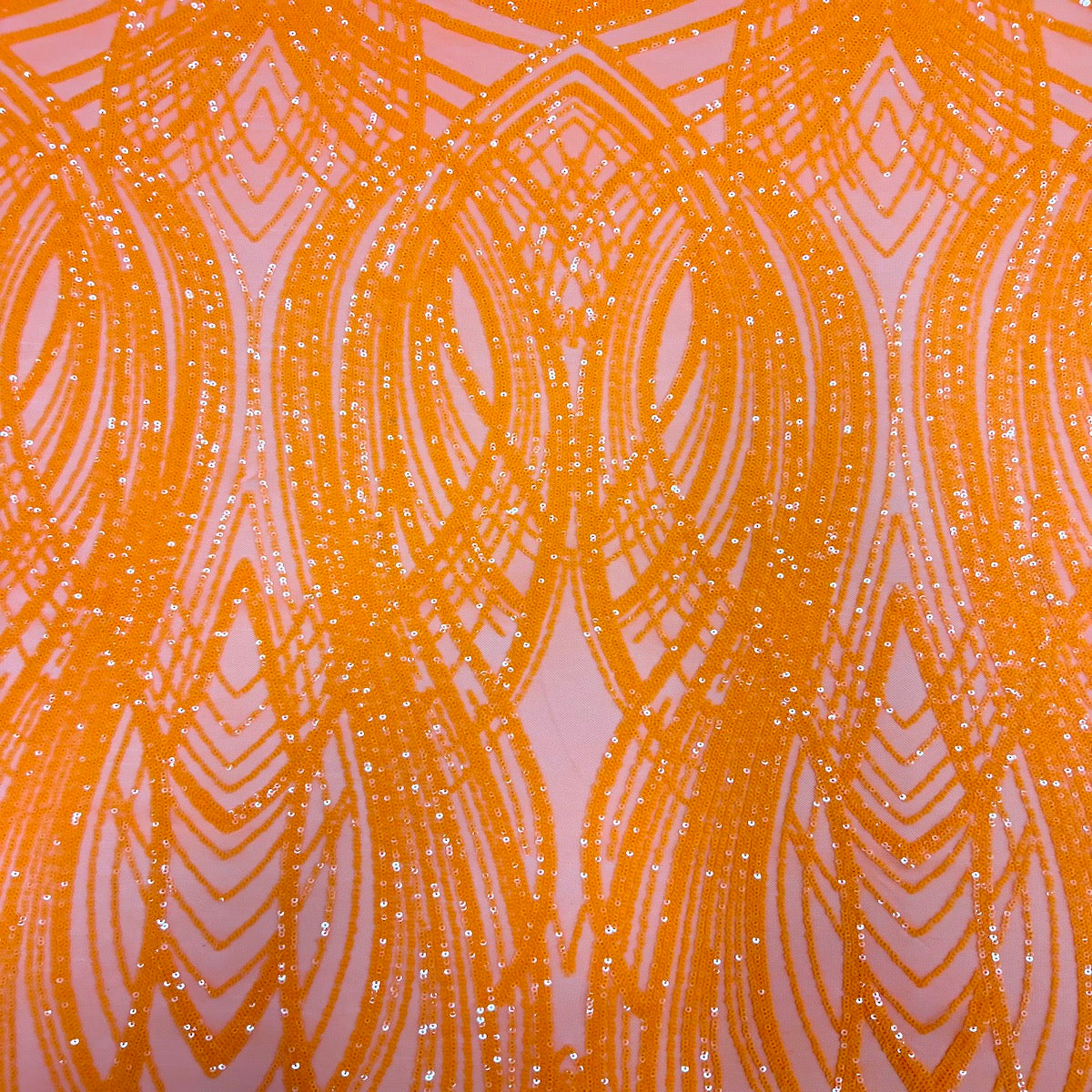 Tangerine Orange Selena Wave Stretch Sequins Lace Fabric