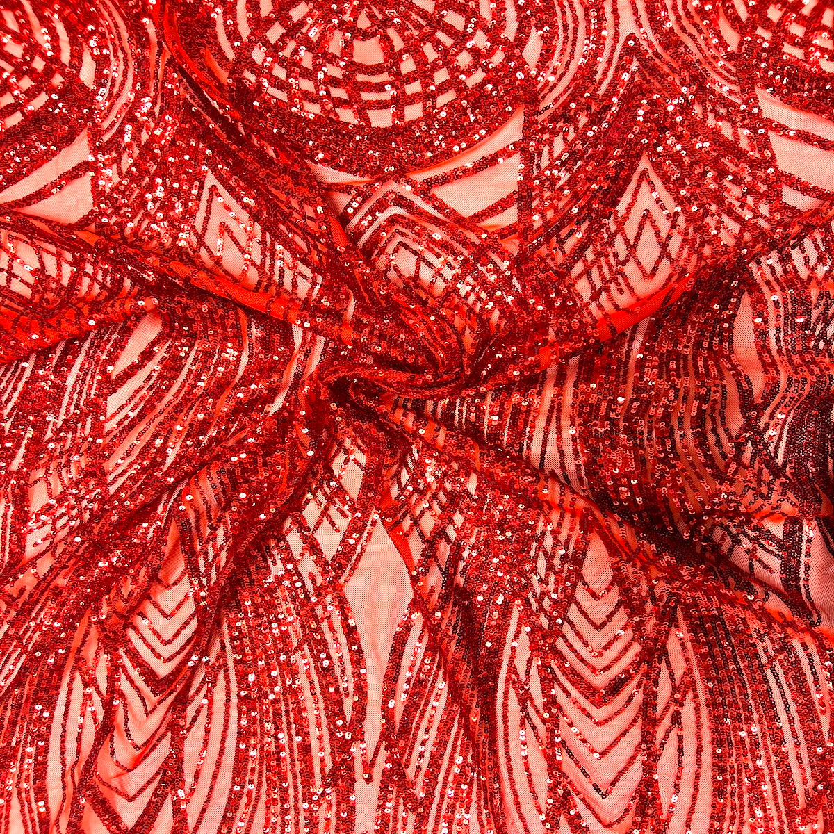 Red Selena Wave Stretch Sequins Lace Fabric