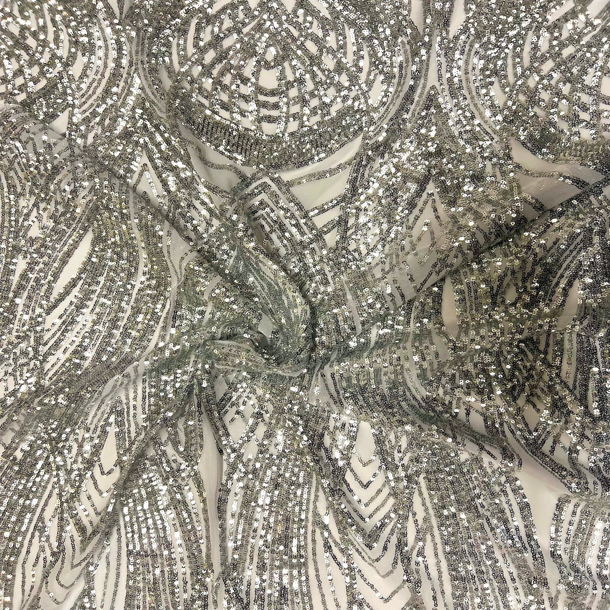 Silver Selena Wave Stretch Sequins Lace Fabric