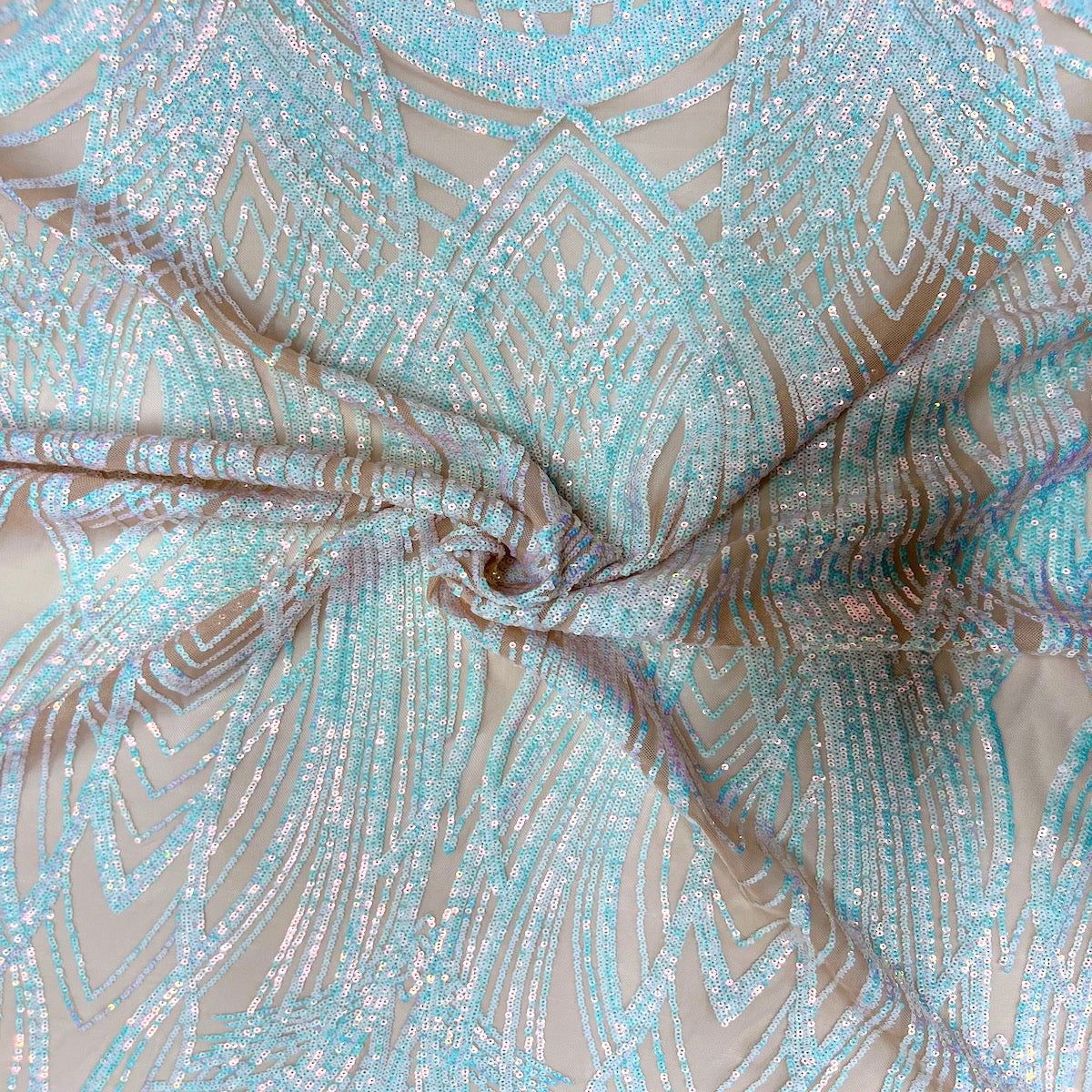 Pearl Blue Iridescent | Dark Beige Selena Wave Stretch Sequins Lace Fabric