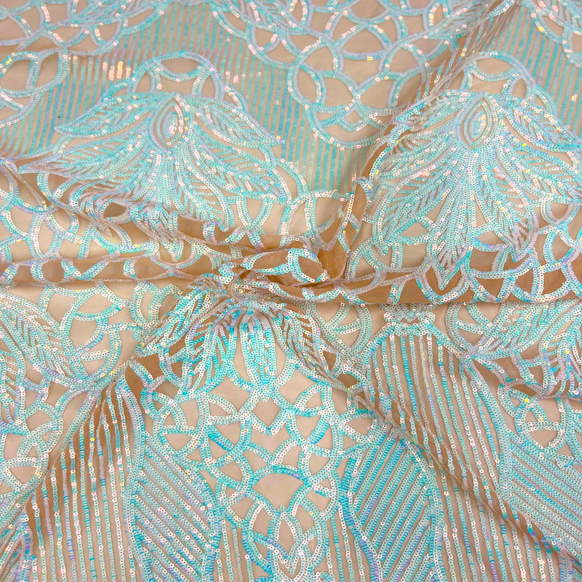 Pearl Blue Iridescent | Dark Beige Bella Bee Stretch Sequins Lace Fabric