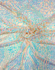 Pearl Blue Iridescent | Light Beige Bella Bee Stretch Sequins Lace Fabric