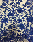 Royal Blue 3D Embroidered Satin Floral Pearl Lace Fabric - Fashion Fabrics LLC