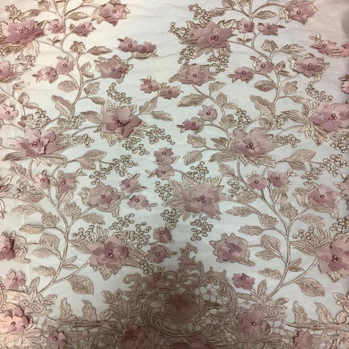Dusty Rose 3D Embroidered Satin Floral Pearl Lace Fabric - Fashion Fabrics LLC