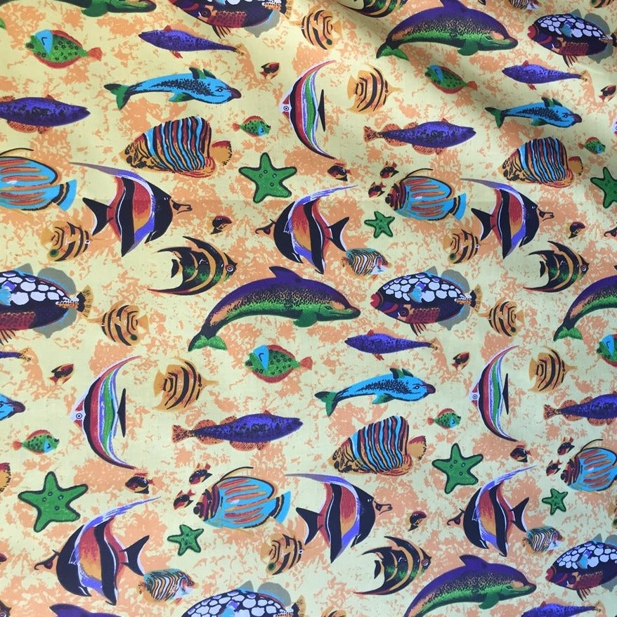 Yellow Aquarium Fish Tank Print Poly Cotton Fabric - Fashion Fabrics Los Angeles 
