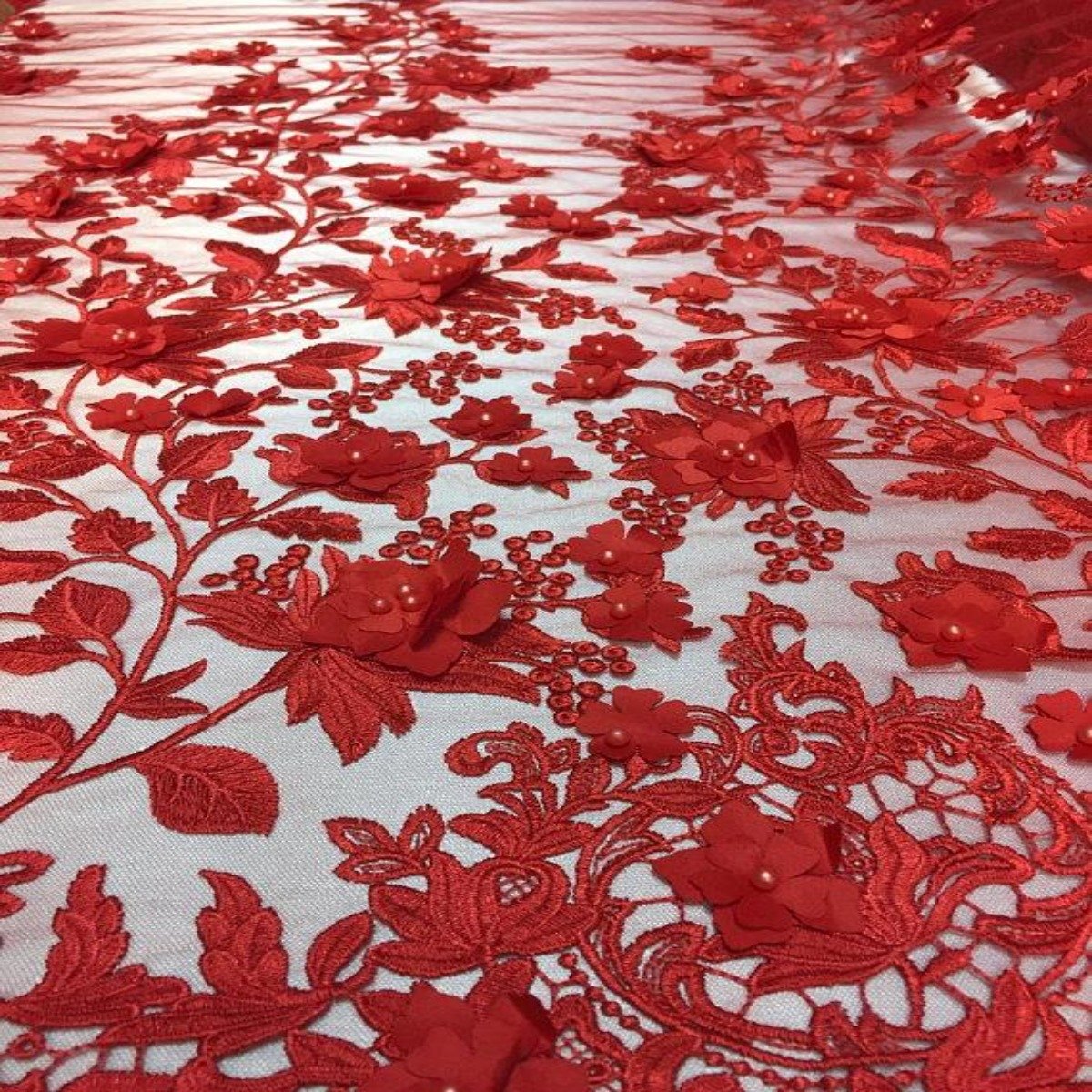 Red 3D Embroidered Satin Floral Pearl Lace Fabric - Fashion Fabrics LLC