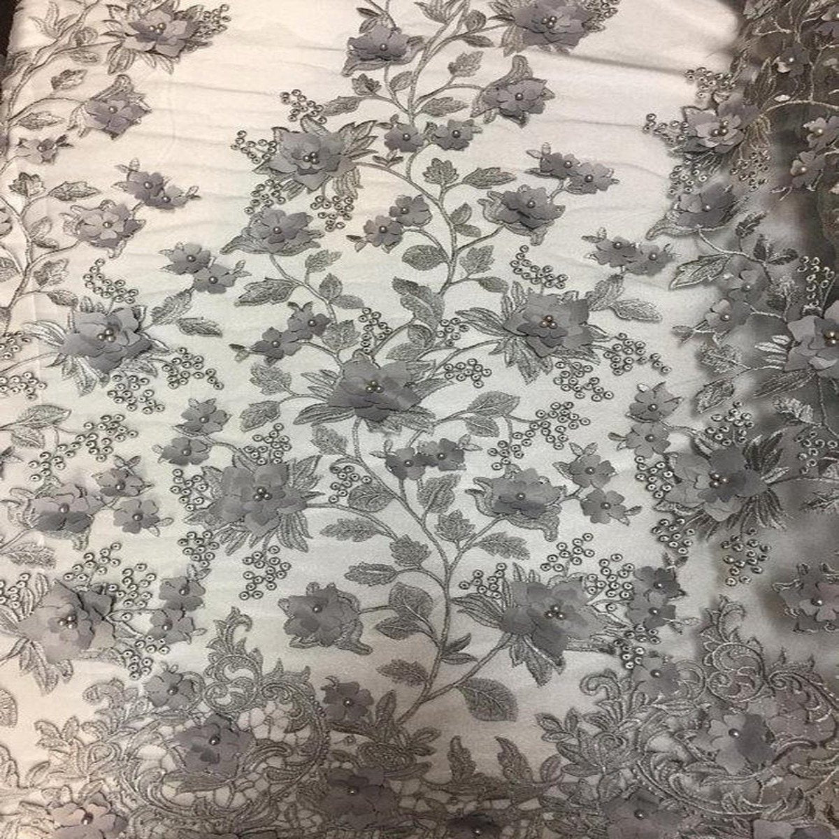 Gray 3D Embroidered Satin Floral Pearl Lace Fabric - Fashion Fabrics LLC