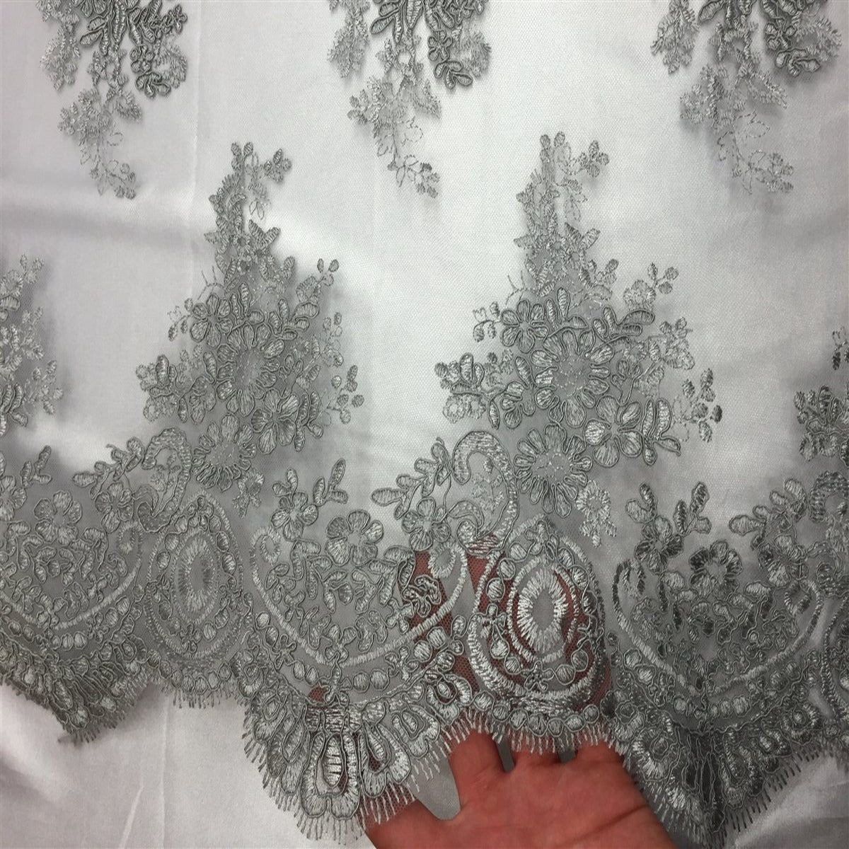Gray Oswald Embroidered Lace Fabric - Fashion Fabrics LLC